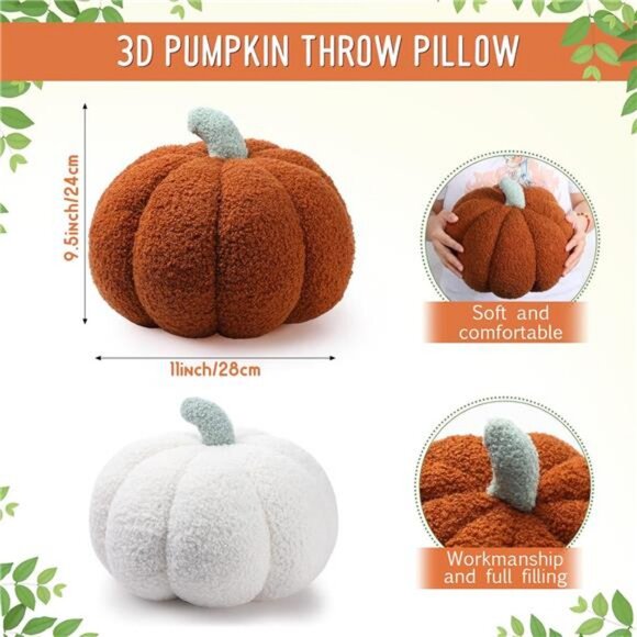 2 Pcs Simulated Pumpkin Pillow Plush 11 x 9.5 Inch 3D Cushion Fall Decorations - Picture 2 of 7